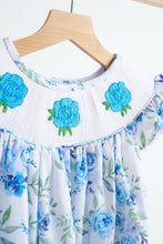 Load image into Gallery viewer, Blue rose hand smocked print dress
