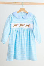 Load image into Gallery viewer, Blue puppy hand smocked stripe dress
