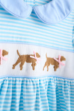 Load image into Gallery viewer, Blue puppy hand smocked stripe dress
