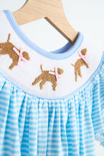 Load image into Gallery viewer, Blue puppy hand smocked girl romper
