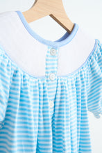 Load image into Gallery viewer, Blue puppy hand smocked girl romper
