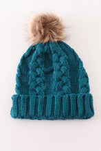 Load image into Gallery viewer, Teal pompom cable beanie
