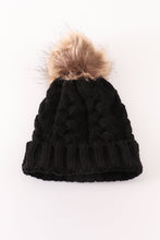 Load image into Gallery viewer, Black pompom cable beanie
