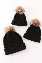 Load image into Gallery viewer, Black pompom cable beanie
