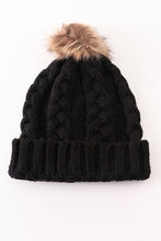 Load image into Gallery viewer, Black pompom cable beanie
