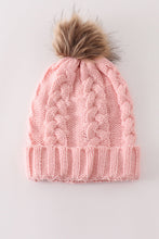 Load image into Gallery viewer, Pink pompom cable beanie
