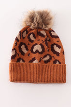 Load image into Gallery viewer, Brown pompom leopard cable beanie
