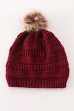 Load image into Gallery viewer, Burgundy pompom cable beanie
