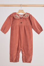 Load image into Gallery viewer, Rust floral embroidery velveteen girl romper
