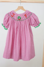 Load image into Gallery viewer, Pink christmas joy hand smocked gingham dress
