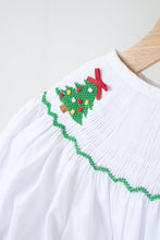 Load image into Gallery viewer, White chrismtas tree hand smocked girl romper
