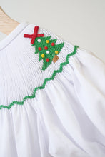 Load image into Gallery viewer, White chrismtas tree hand smocked girl romper
