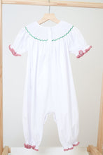 Load image into Gallery viewer, White chrismtas tree hand smocked girl romper
