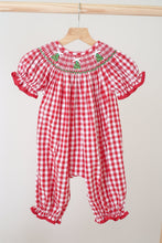 Load image into Gallery viewer, Red christmas tree hand smocked gingham romper
