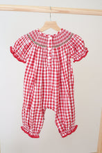 Load image into Gallery viewer, Red christmas tree hand smocked gingham romper
