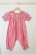 Load image into Gallery viewer, Red chrismtas santa tree reindeer hand smocked gingham romper
