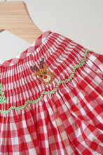 Load image into Gallery viewer, Red chrismtas santa tree reindeer hand smocked gingham romper
