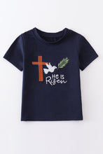 Load image into Gallery viewer, Navy he is risen embroidery boy top
