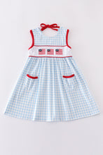 Load image into Gallery viewer, Blue flag embroidery gingham dress
