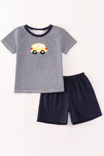 Load image into Gallery viewer, Navy bus french knot boy set
