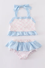 Load image into Gallery viewer, Pink bow print smocked 2pc girl swimsuit
