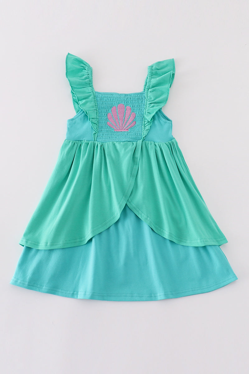 Green Ariel embroidery smocked girl dress