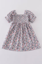 Load image into Gallery viewer, Blue floral whisper smocked girl dress
