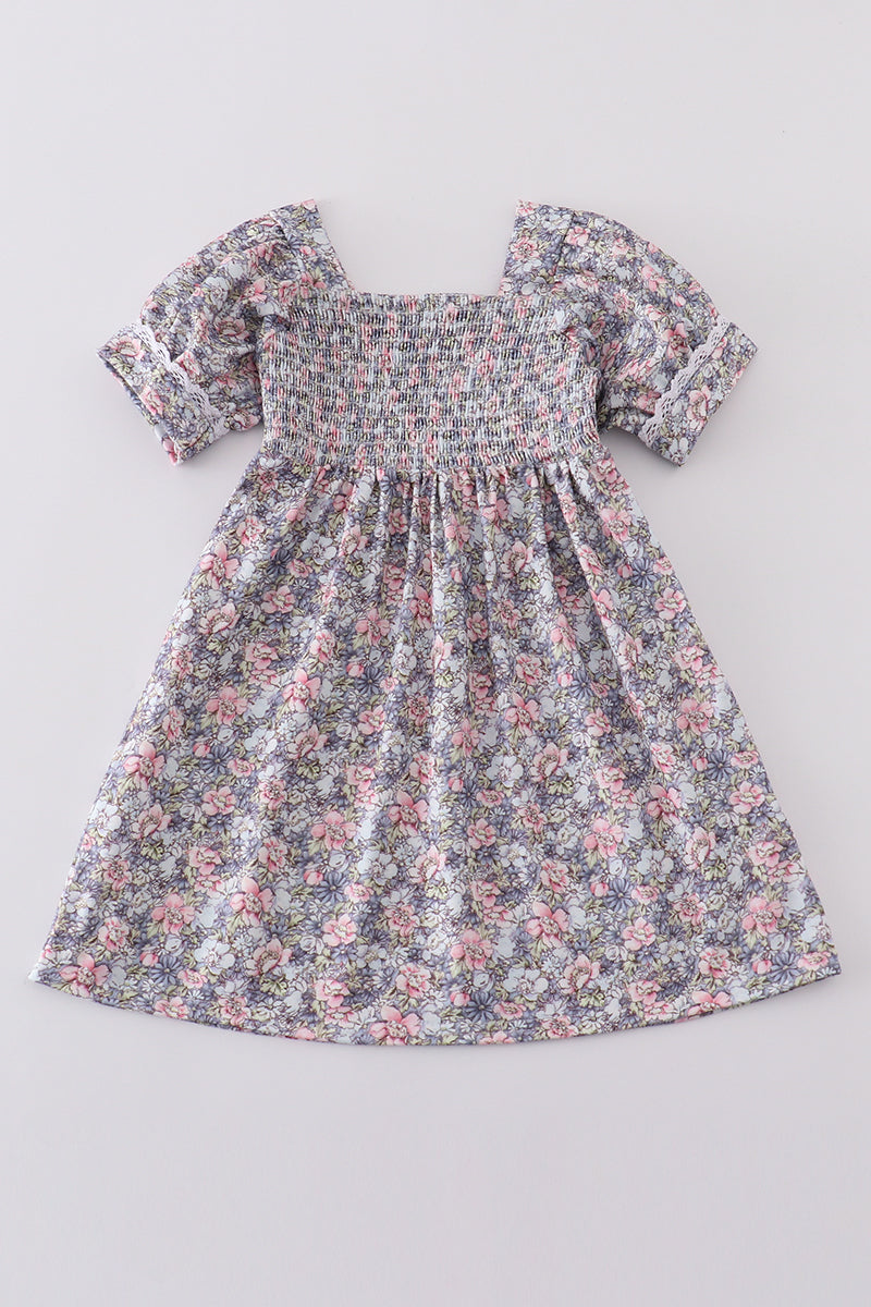 Blue floral whisper smocked girl dress