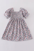 Load image into Gallery viewer, Blue floral whisper smocked girl dress
