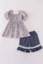 Load image into Gallery viewer, Blue floral whisper smocked girl set
