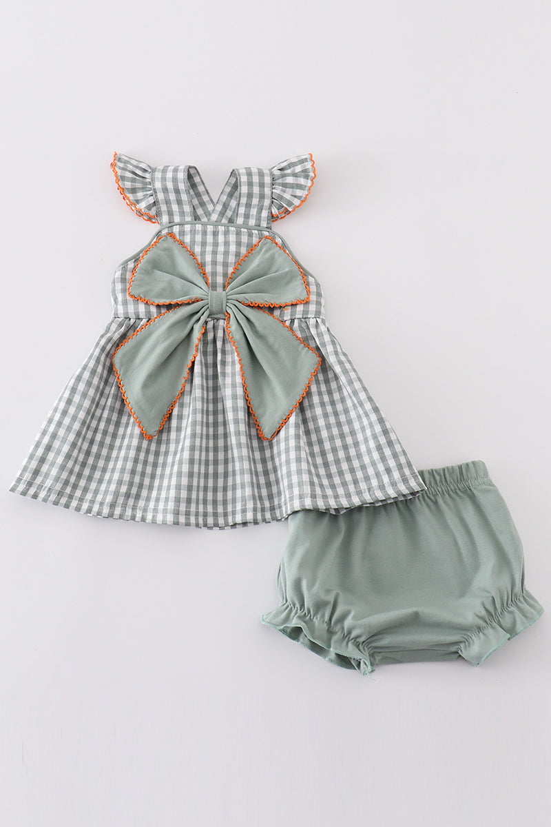 Green woven bow girl gingham bloomer set