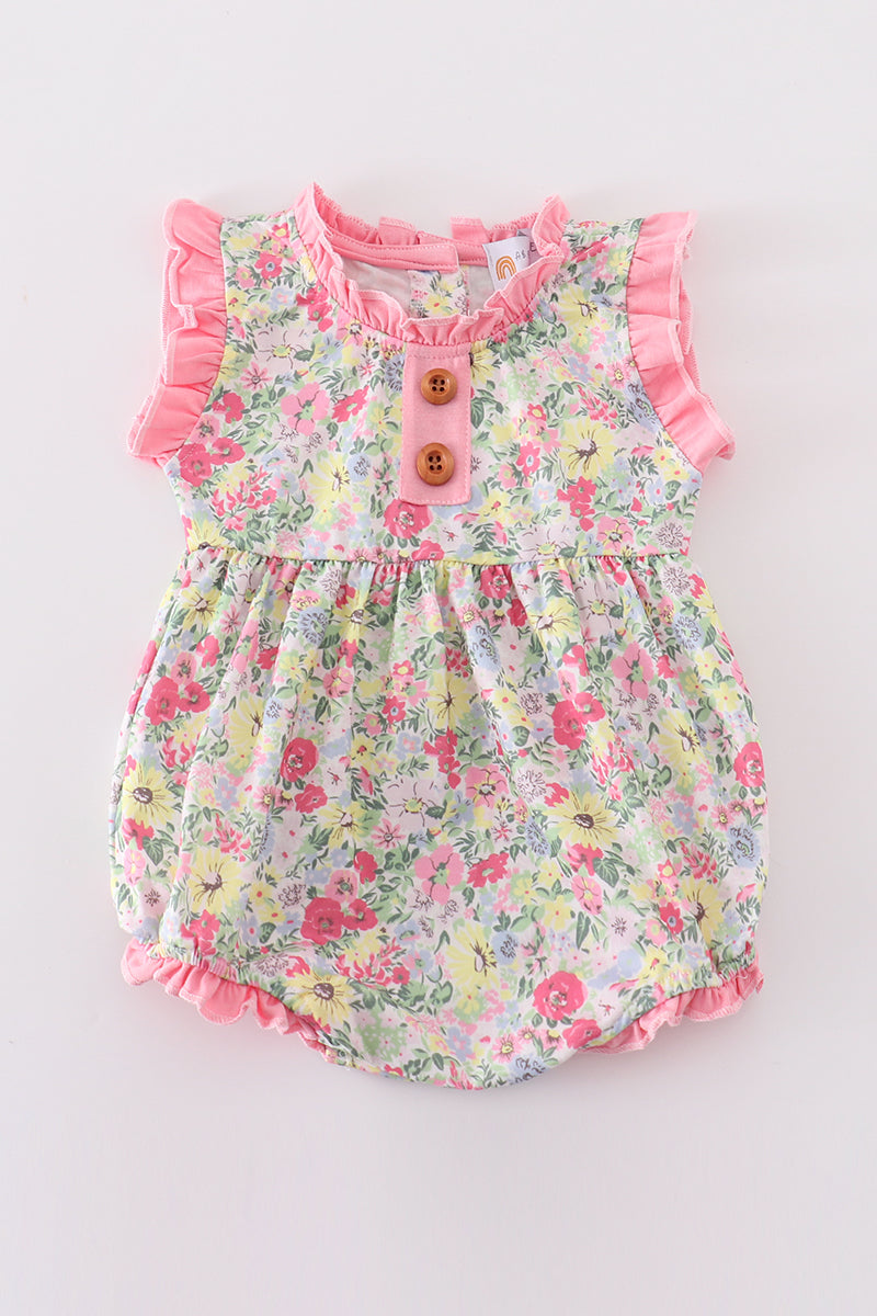 Pink floral print girl ruffle bubble