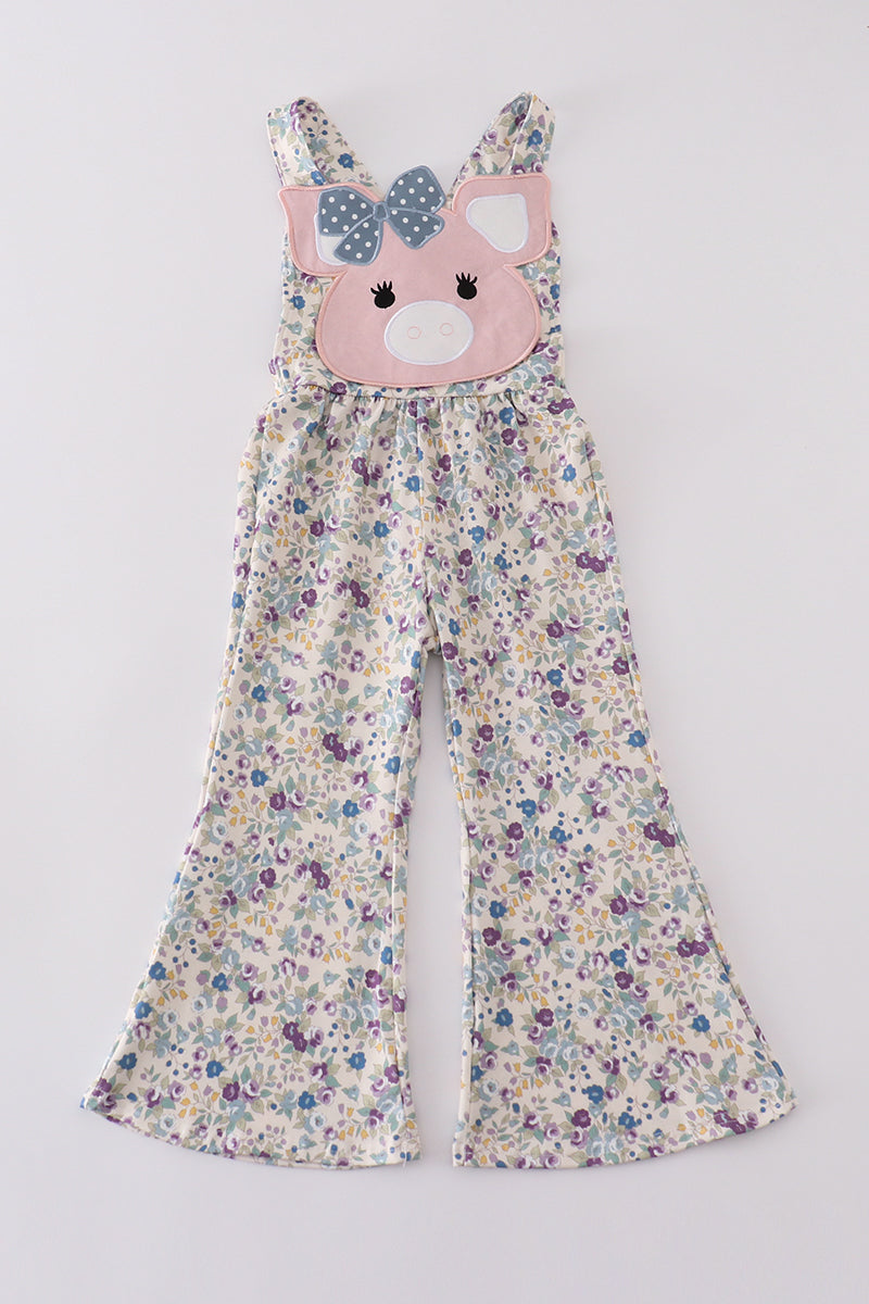 Pig floral print applique girl jumpsuit