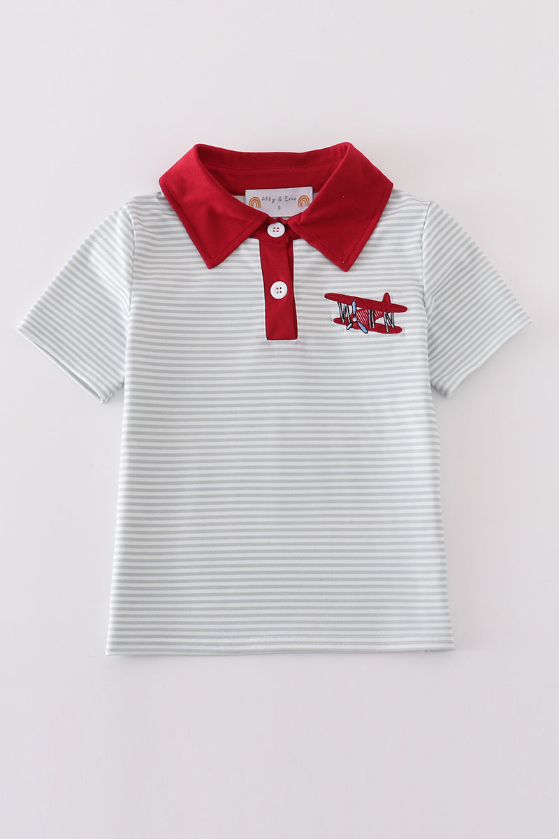 Sage stripe plane embroidery boy shirt