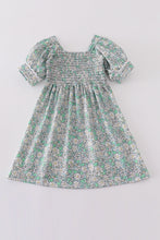 Load image into Gallery viewer, Green floral print smocked girl dress
