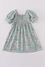 Load image into Gallery viewer, Green floral print smocked girl dress
