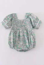 Load image into Gallery viewer, Green floral print smocked girl bubble
