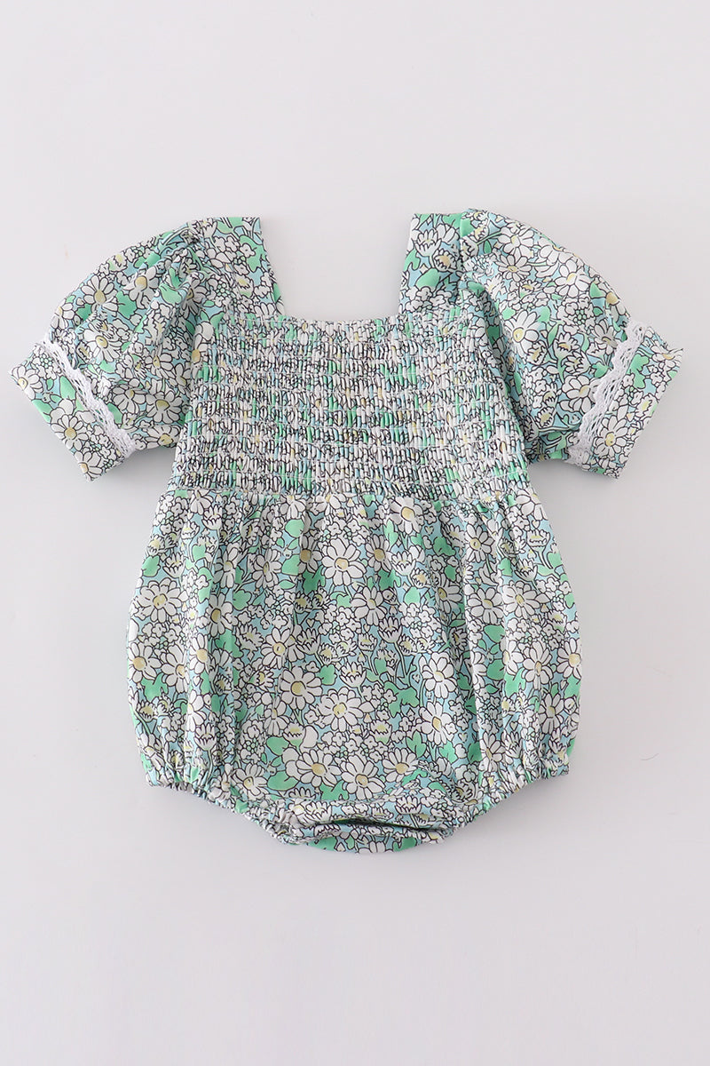 Green floral print smocked girl bubble