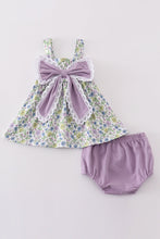 Load image into Gallery viewer, Purple bow floral girl bloomer set
