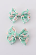 Load image into Gallery viewer, Green floral print girl piggie hair bow
