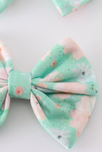 Load image into Gallery viewer, Green floral print girl piggie hair bow
