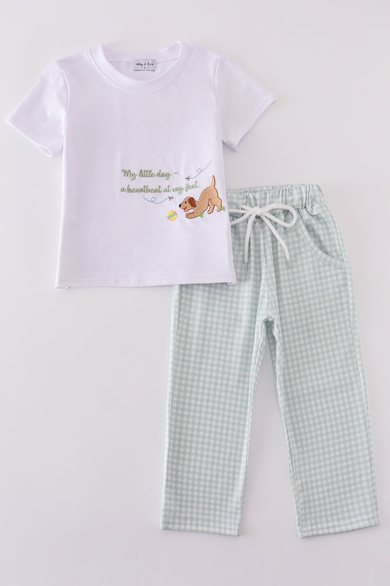 Green puppy embroidery boy set