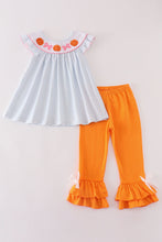 Load image into Gallery viewer, Blue stripe pumpkin french knot girl set
