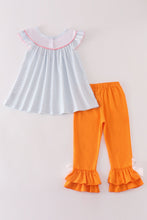 Load image into Gallery viewer, Blue stripe pumpkin french knot girl set
