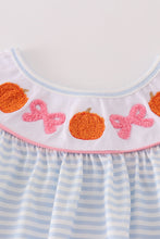 Load image into Gallery viewer, Blue stripe pumpkin french knot dress
