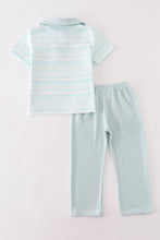 Load image into Gallery viewer, Blue stripe ruffle boy pants set
