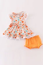 Load image into Gallery viewer, Orange pumpkin print ruffle bloomer set
