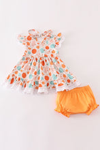 Load image into Gallery viewer, Orange pumpkin print ruffle bloomer set
