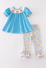 Load image into Gallery viewer, Blue velvet pumpkin embroidery girl set
