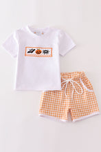 Load image into Gallery viewer, Orange halloween embroidery plaid boy set
